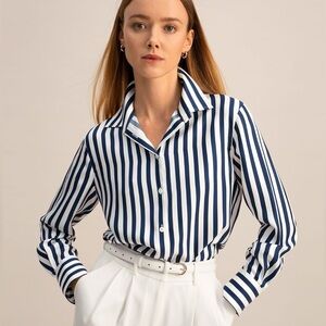 LILYSILK Amafi Blue White Striped Silk Button Down Shirt